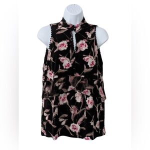 White House Black Market Black And Pink Floral Sleeveless  Keyhole Neck Blouse